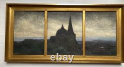 Paysage Triptyque Village Église Signé Alfred DEFIZE Tableau Ancien Huile Belge