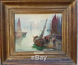 Paysage marin. Ancien tableau peinture huile sur toile. Marie Lefevre (1840-)