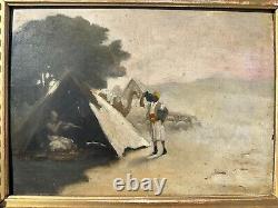 Peinture A L'huile Tableau Ancien Paysage Désert Orientaliste Louis XIII Cadre