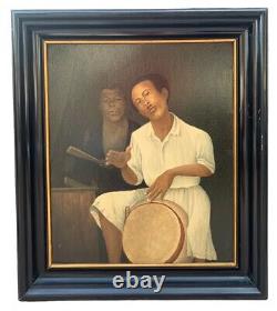 Peinture À L'huile Tableau Ancien Personnage Africain Musique Cadre Napoléon III