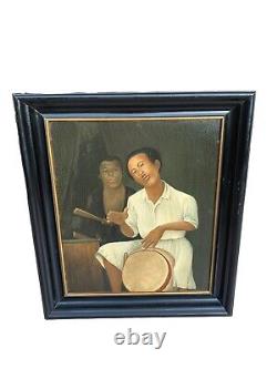 Peinture À L'huile Tableau Ancien Personnage Africain Musique Cadre Napoléon III