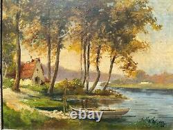 Peinture A L'huile Toile Tableau Ancien PASQUIER Paysage Poule Cadre Bois 1946