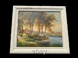 Peinture A L'huile Toile Tableau Ancien PASQUIER Paysage Poule Cadre Bois 1946