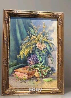 Peinture Ancienne Huile Nature Morte, Fleurs Tableau Encadré Signé