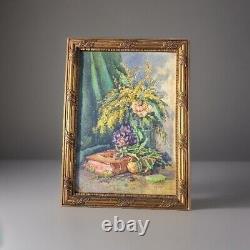 Peinture Ancienne Huile Nature Morte, Fleurs Tableau Encadré Signé