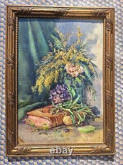 Peinture Ancienne Huile Nature Morte, Fleurs Tableau Encadré Signé