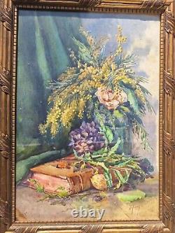 Peinture Ancienne Huile Nature Morte, Fleurs Tableau Encadré Signé