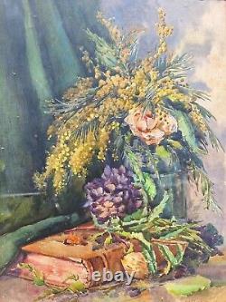 Peinture Ancienne Huile Nature Morte, Fleurs Tableau Encadré Signé