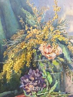 Peinture Ancienne Huile Nature Morte, Fleurs Tableau Encadré Signé