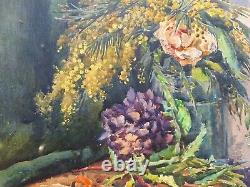 Peinture Ancienne Huile Nature Morte, Fleurs Tableau Encadré Signé