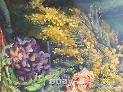 Peinture Ancienne Huile Nature Morte, Fleurs Tableau Encadré Signé