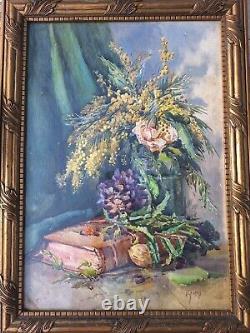 Peinture Ancienne Huile Nature Morte, Fleurs Tableau Encadré Signé