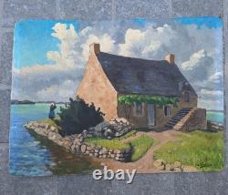 Peinture Ancienne Huile Paysage Marin Maison Bretonne Tableau Miniature Signé