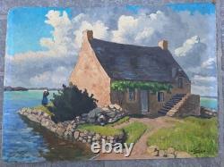 Peinture Ancienne Huile Paysage Marin Maison Bretonne Tableau Miniature Signé