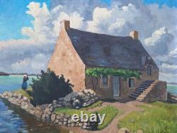 Peinture Ancienne Huile Paysage Marin Maison Bretonne Tableau Miniature Signé