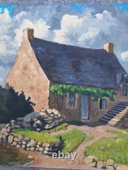 Peinture Ancienne Huile Paysage Marin Maison Bretonne Tableau Miniature Signé