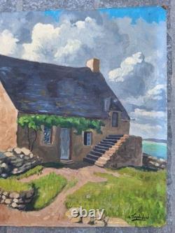 Peinture Ancienne Huile Paysage Marin Maison Bretonne Tableau Miniature Signé
