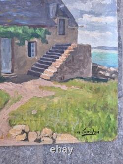 Peinture Ancienne Huile Paysage Marin Maison Bretonne Tableau Miniature Signé