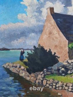Peinture Ancienne Huile Paysage Marin Maison Bretonne Tableau Miniature Signé