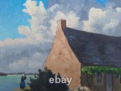 Peinture Ancienne Huile Paysage Marin Maison Bretonne Tableau Miniature Signé