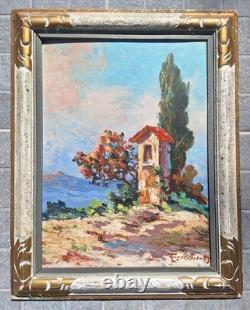 Peinture Ancienne Huile Provence Paysage Arbres Tableau Encadré Signé