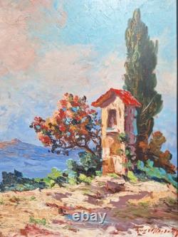 Peinture Ancienne Huile Provence Paysage Arbres Tableau Encadré Signé