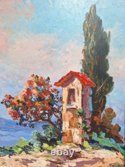 Peinture Ancienne Huile Provence Paysage Arbres Tableau Encadré Signé