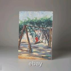 Peinture Ancienne Huile Scène De Vie D'enfants Dans Un Jardin Tableau Encadré