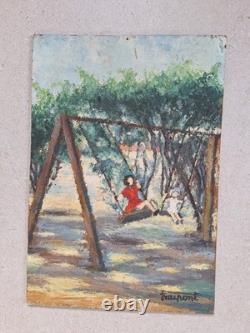 Peinture Ancienne Huile Scène De Vie D'enfants Dans Un Jardin Tableau Encadré