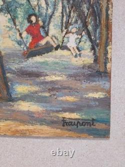 Peinture Ancienne Huile Scène De Vie D'enfants Dans Un Jardin Tableau Encadré