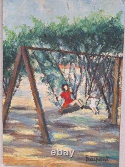 Peinture Ancienne Huile Scène De Vie D'enfants Dans Un Jardin Tableau Encadré