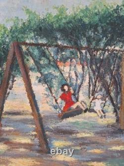 Peinture Ancienne Huile Scène De Vie D'enfants Dans Un Jardin Tableau Encadré