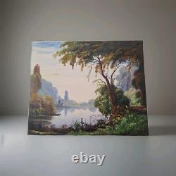 Peinture Ancienne Huile Sur Toile Paysage Arbres Bord De Lac. Tableau Signé
