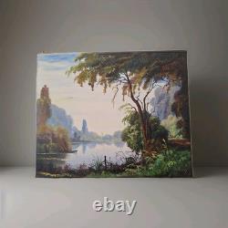 Peinture Ancienne Huile Sur Toile Paysage Arbres Bord De Lac. Tableau Signé