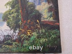 Peinture Ancienne Huile Sur Toile Paysage Arbres Bord De Lac. Tableau Signé