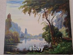 Peinture Ancienne Huile Sur Toile Paysage Arbres Bord De Lac. Tableau Signé