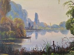 Peinture Ancienne Huile Sur Toile Paysage Arbres Bord De Lac. Tableau Signé