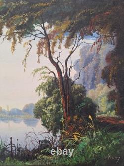 Peinture Ancienne Huile Sur Toile Paysage Arbres Bord De Lac. Tableau Signé