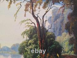 Peinture Ancienne Huile Sur Toile Paysage Arbres Bord De Lac. Tableau Signé