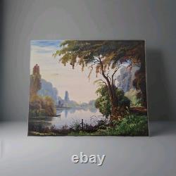 Peinture Ancienne Huile Sur Toile Paysage Arbres Bord De Lac. Tableau Signé