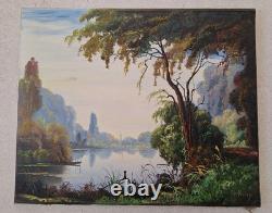 Peinture Ancienne Huile Sur Toile Paysage Arbres Bord De Lac. Tableau Signé