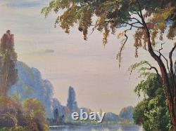 Peinture Ancienne Huile Sur Toile Paysage Arbres Bord De Lac. Tableau Signé