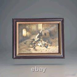 Peinture Ancienne Huile Sur Toile scène rurale et animal Poules Et Coqs Tableau