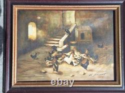 Peinture Ancienne Huile Sur Toile scène rurale et animal Poules Et Coqs Tableau