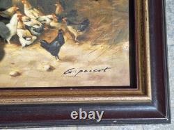 Peinture Ancienne Huile Sur Toile scène rurale et animal Poules Et Coqs Tableau