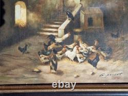 Peinture Ancienne Huile Sur Toile scène rurale et animal Poules Et Coqs Tableau