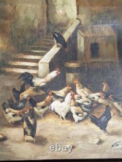 Peinture Ancienne Huile Sur Toile scène rurale et animal Poules Et Coqs Tableau