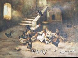 Peinture Ancienne Huile Sur Toile scène rurale et animal Poules Et Coqs Tableau