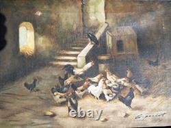 Peinture Ancienne Huile Sur Toile scène rurale et animal Poules Et Coqs Tableau