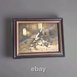 Peinture Ancienne Huile Sur Toile scène rurale et animal Poules Et Coqs Tableau